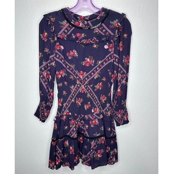 Rahi Cali Purple Multi Color Floral Print 3/4 Sleeve Ruffle Mini Dress XS - Picture 1 of 14
